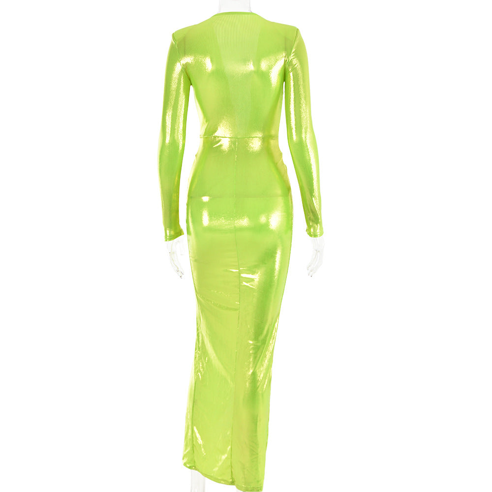 Sexy Chic V-Neck Long Sleeve Patchwork Pleated Leather Dress 14