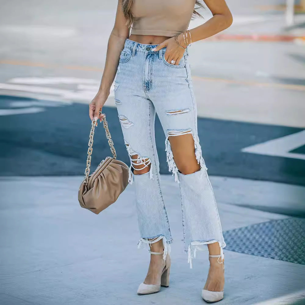 Women Washed Ripped Denim Pants 3