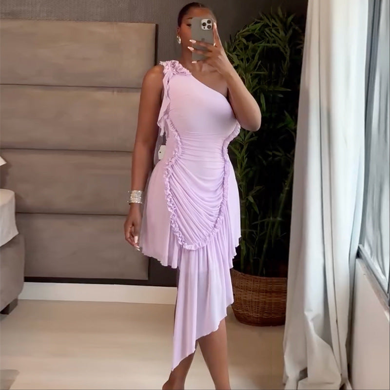 Women's Autumn Fashion One Shoulder Ruffle Hem Asymmetrical Solid Color Dress