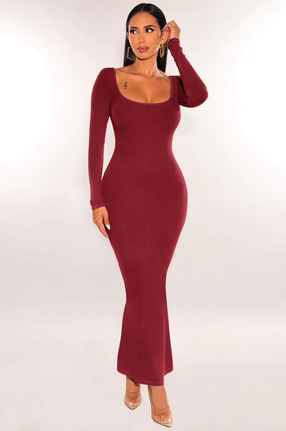 Women autumn square neck long sleeve knitting dress 5