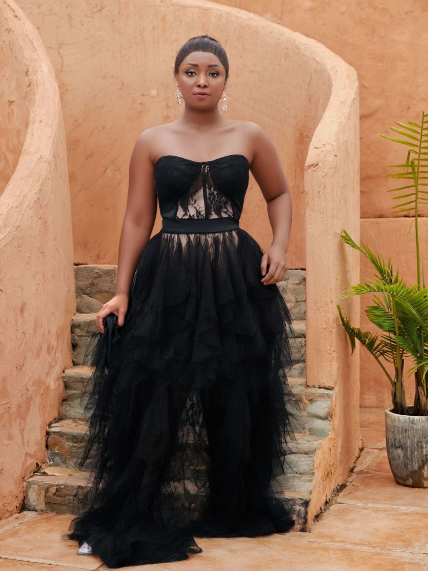 Women Sexy See-Through Meshlace Wrap-up Long Dress