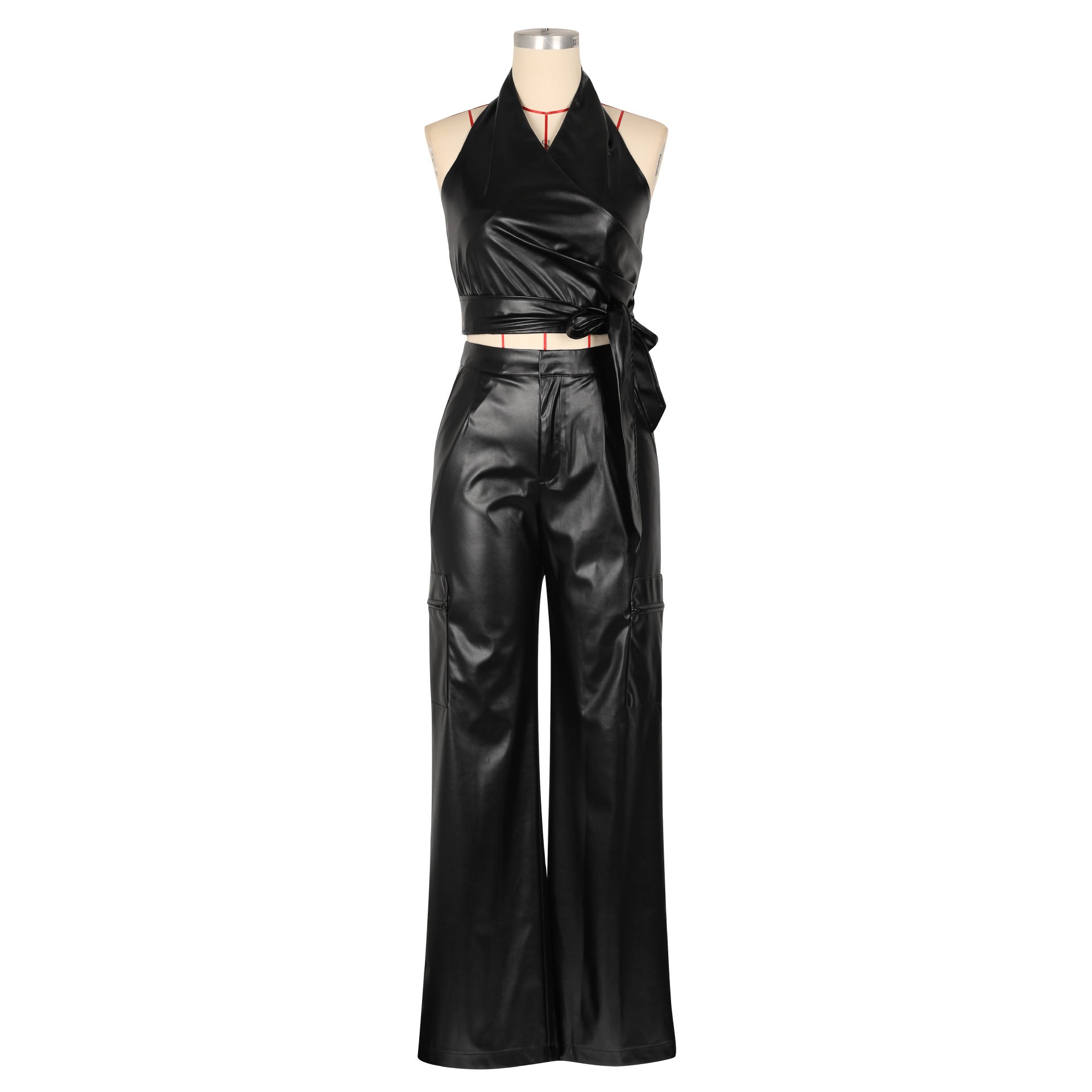 Summer Women's Sleeveless Halter Neck Sexy Pu Leather tank  Pants Two-piece Set 10