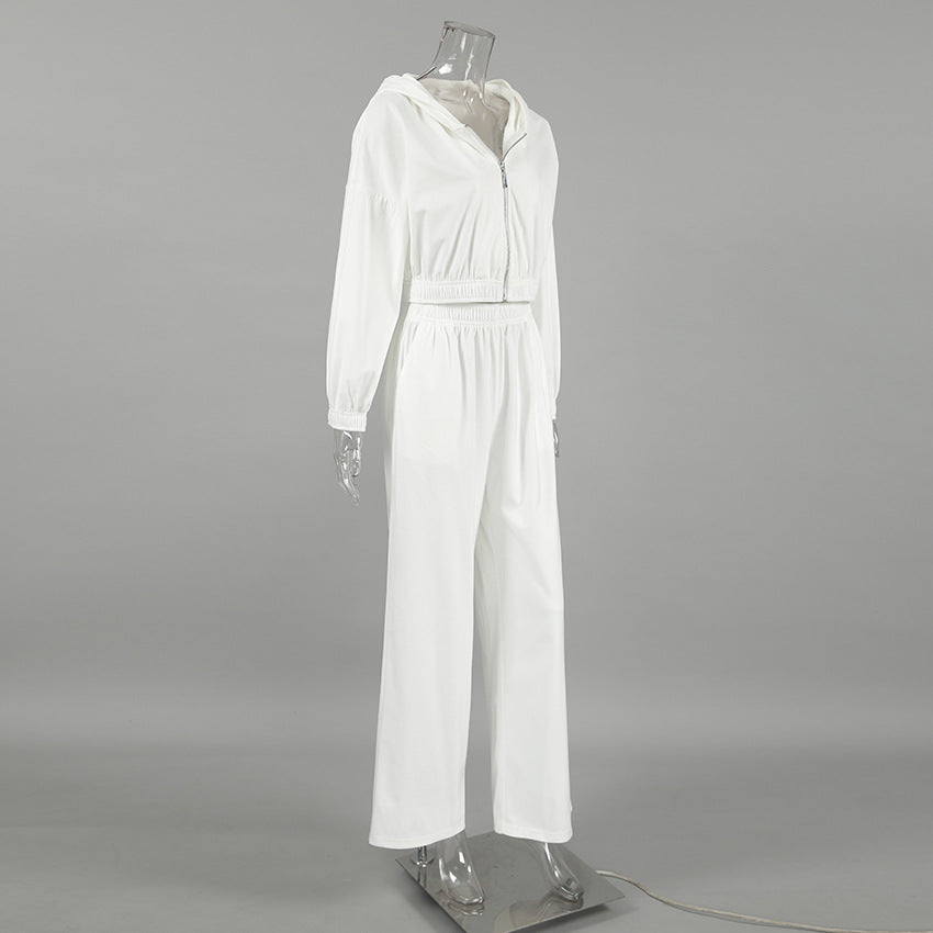 Women Autumn and Winter White Casual knitting velvet Hooded Long Sleeve Top and Pants Two Piece Set 11