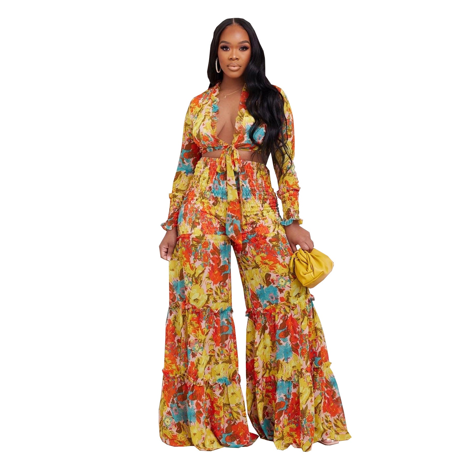 Fashion Color Contrast Printing Chiffon Long Sleeve Tie Blouse Bell Bottom Pants Two-Piece Suit For Women 10