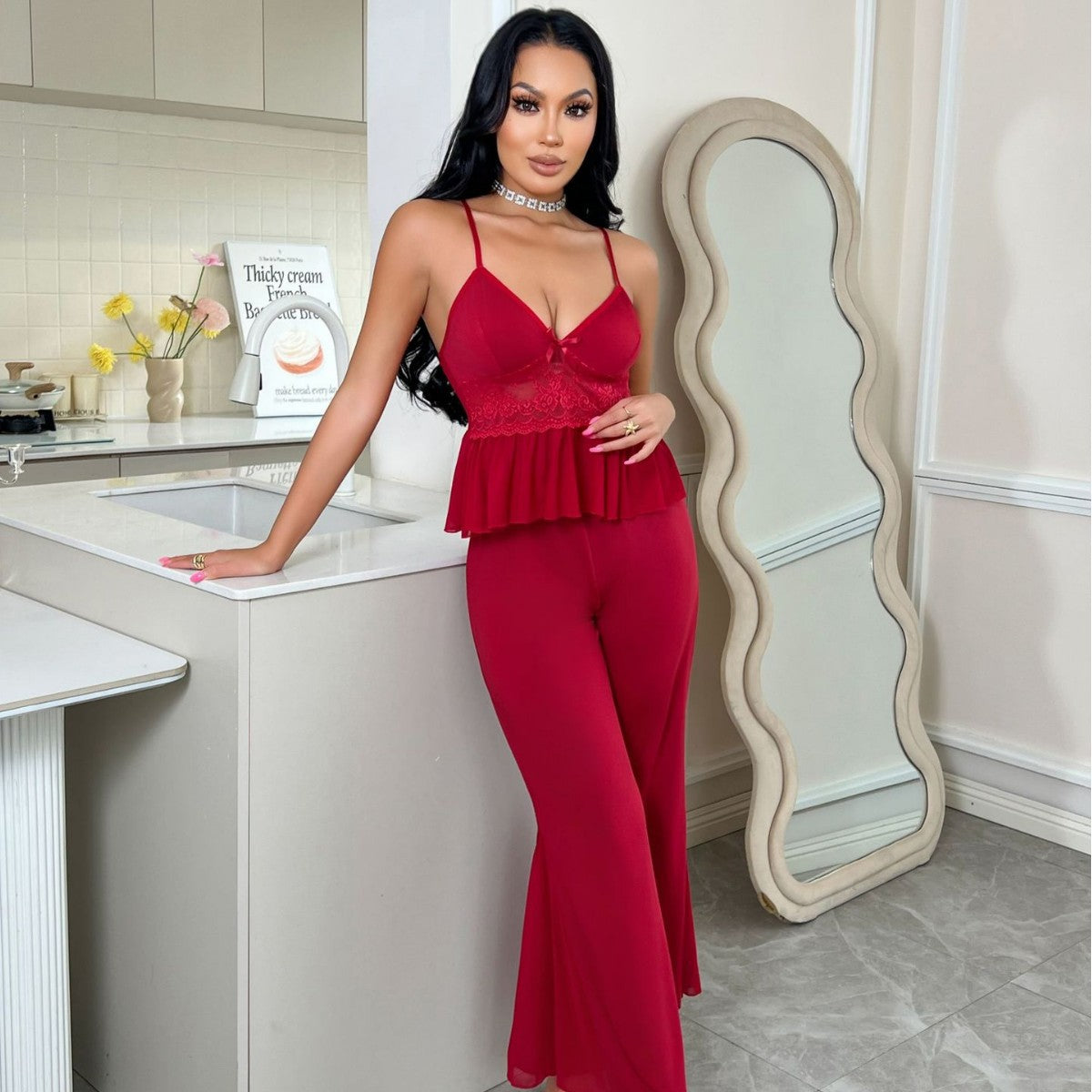 Strap Pajama Pants Set V-Neck Lace Sexy Loungewear Set 5