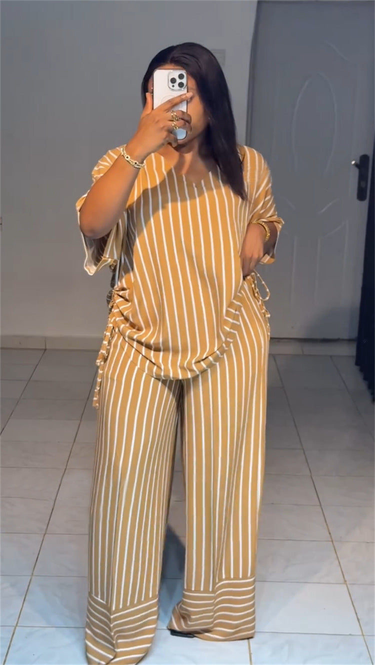 Women summer casual loose v-neck striped short-sleeved top and wide-leg pants two-piece set