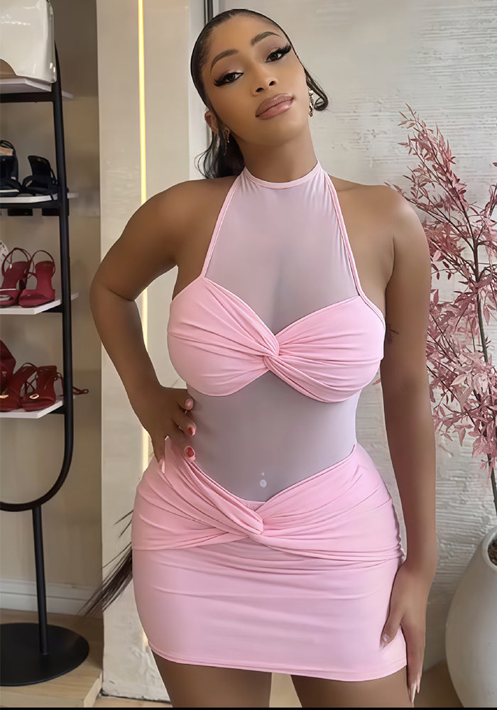 Women early fall solid sleeveless halter neck sexy bodycon mini dress.