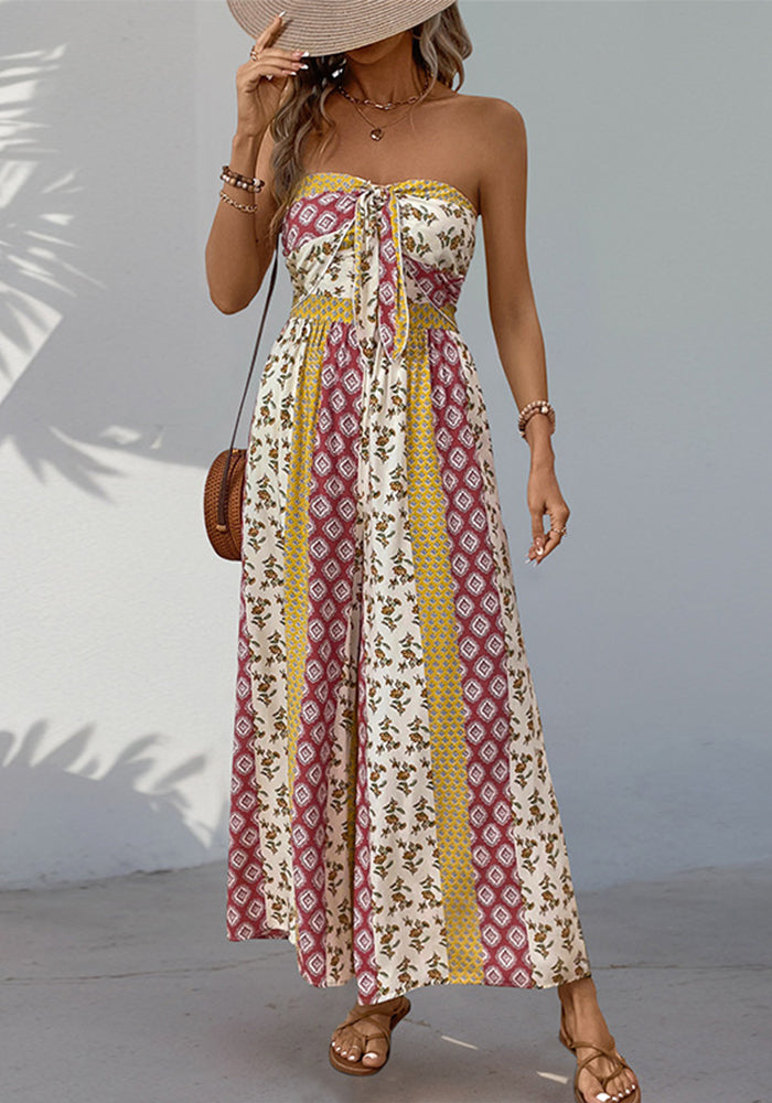 Summer Print Casual Tied Strapless Wide-Leg Jumpsuit