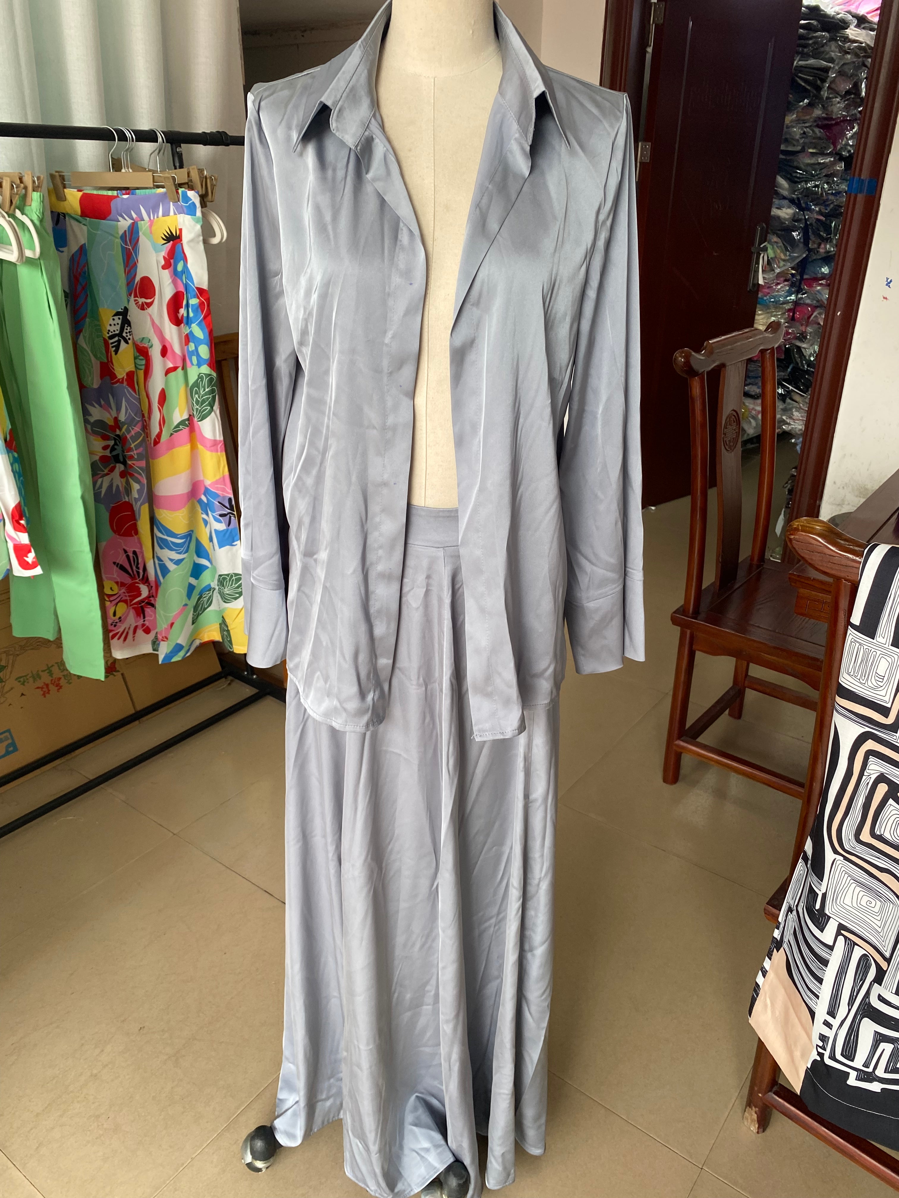 Women's Satin Fashionable Chic Long Sleeve Shirt High Waist Skirt Two-Piece Set 6