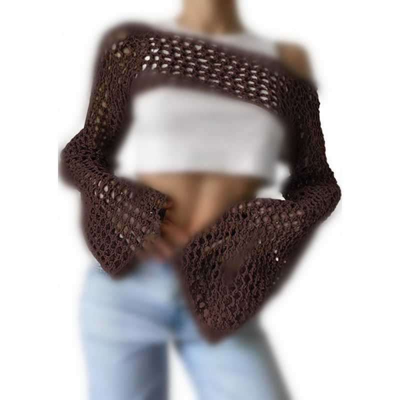 Sexy Hollow Knitting Shirt Solid Color Round Neck Long-Sleeved Cape Blouse 12