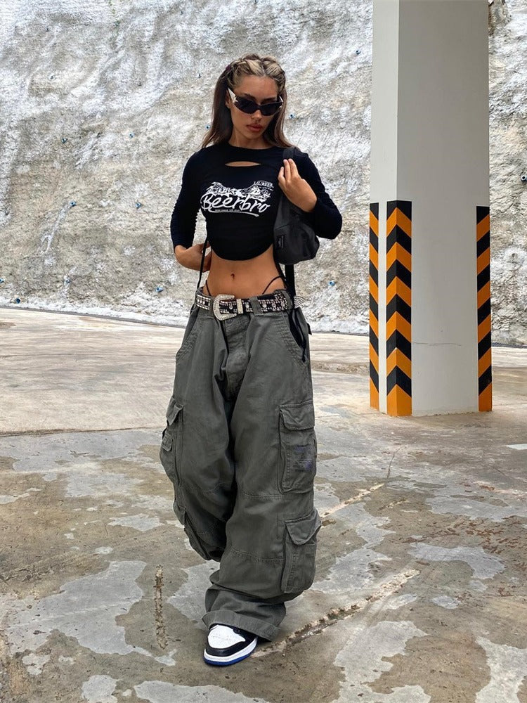 Casual Street Trend Woven Wide-Leg Casual Pants Multiple Pockets Design Cargo Pants For Women