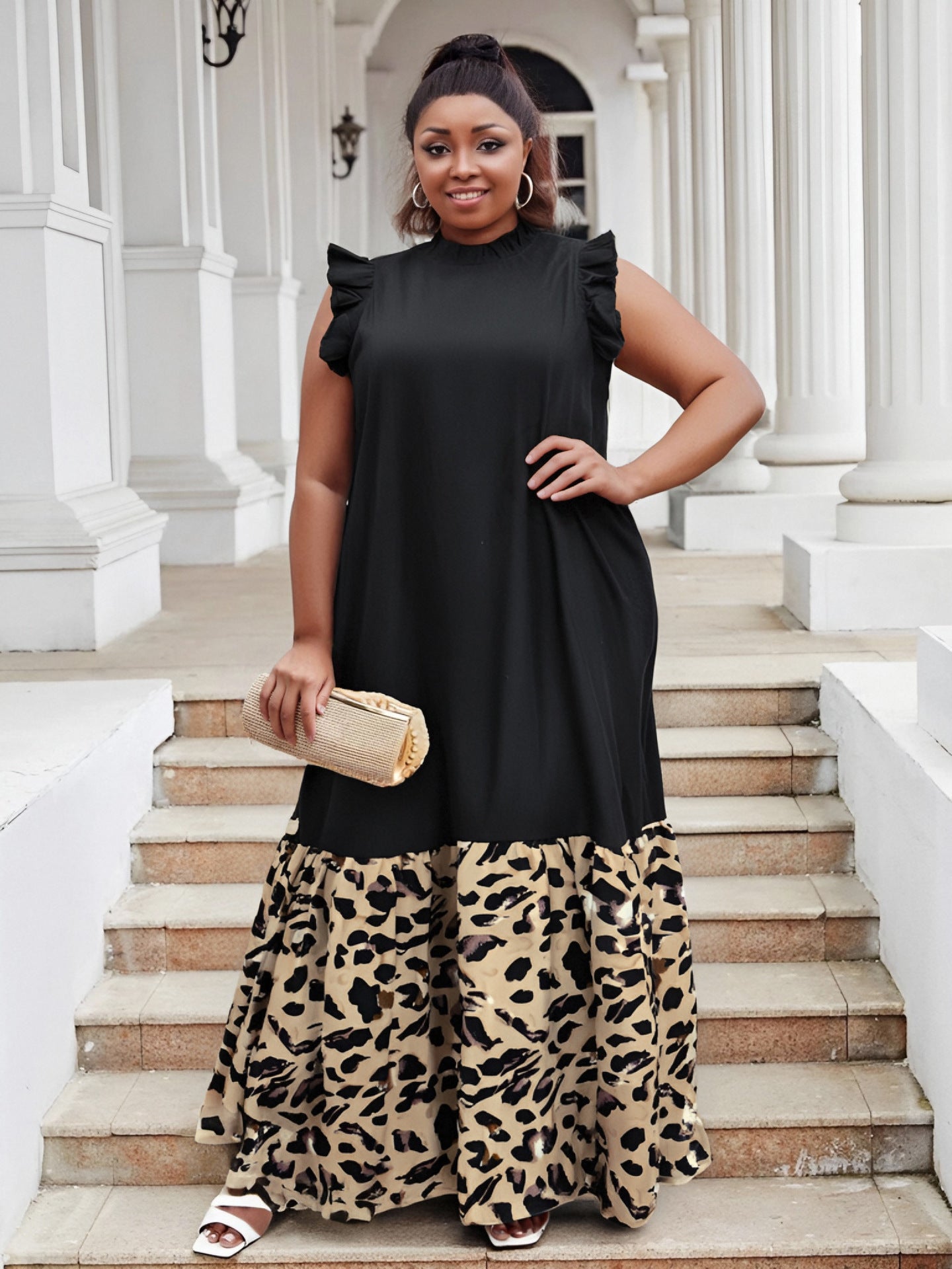 Plus Size Women summer ruffled Round Neck leopard print Patchwork dress 8