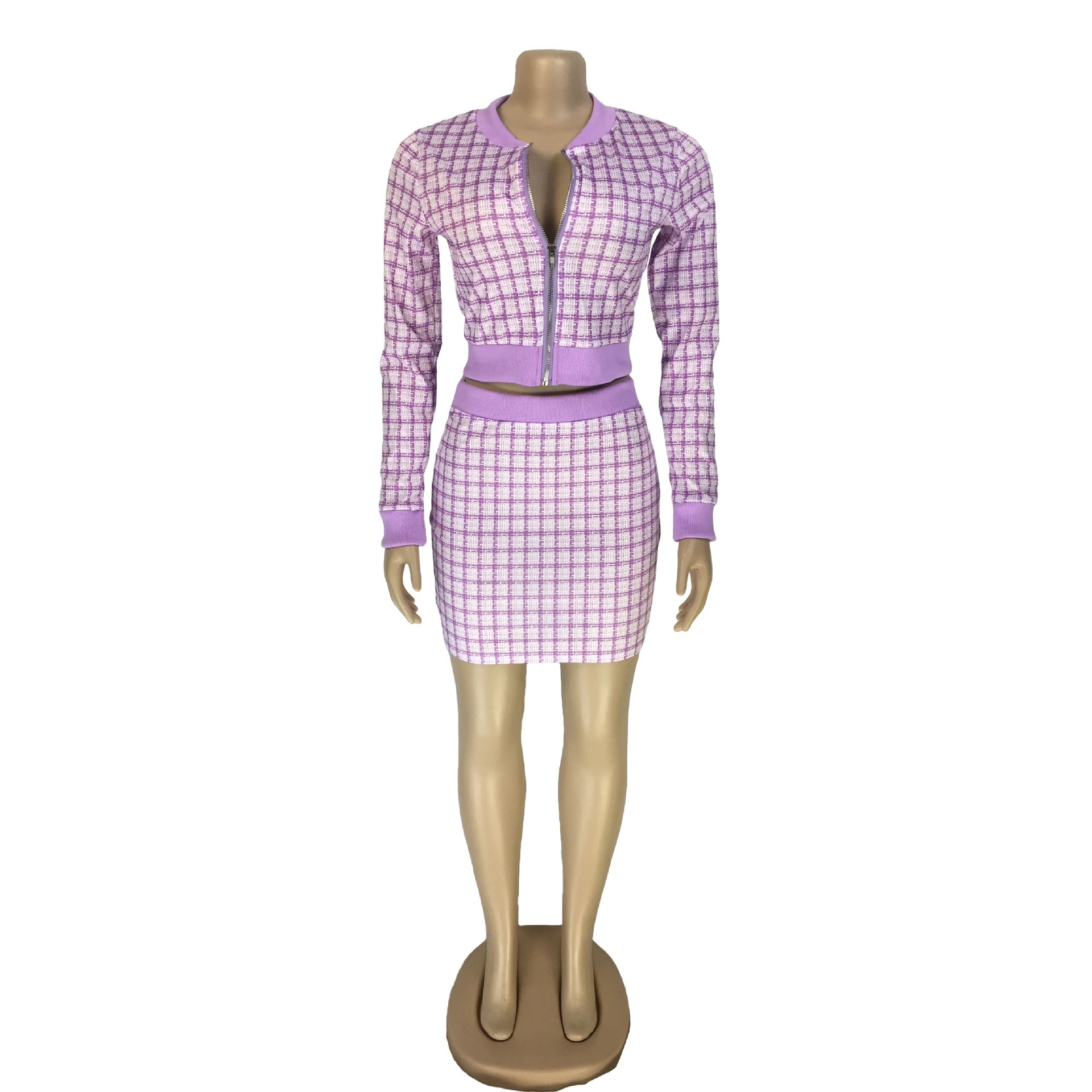 Women Plaid Ribbed Long Sleeve Top and Skirt Two-piece Set 32