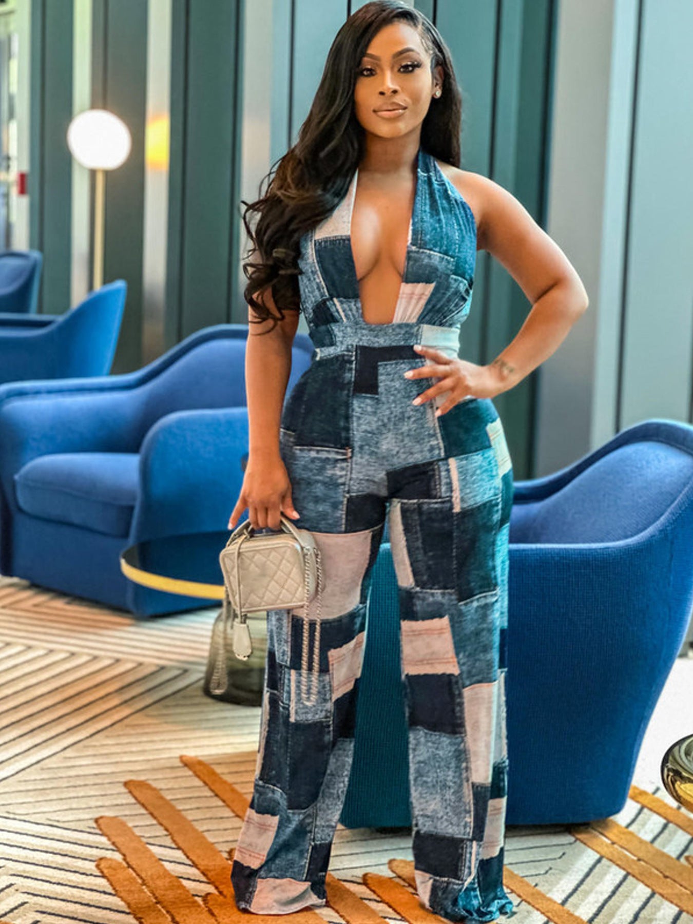 Women's Autumn And Winter Denim Contrast Color Halter Neck Fashion Loose Plus Size Jumpsuit 7