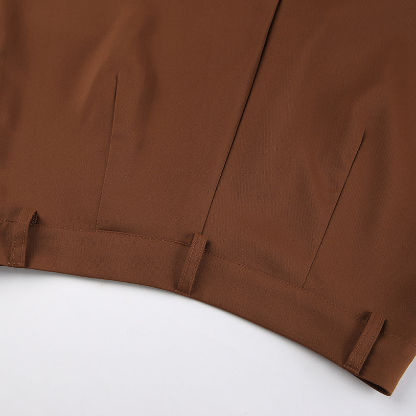 Women Brown Sleeveless Suspender V-Neck Slit Tank Top Long Pants Two-piece Set 16