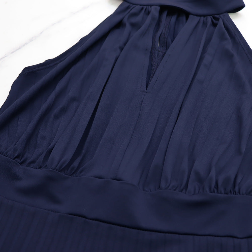 Women Casual Sleeveless Clipped Pleated Halter Neck Dress 20