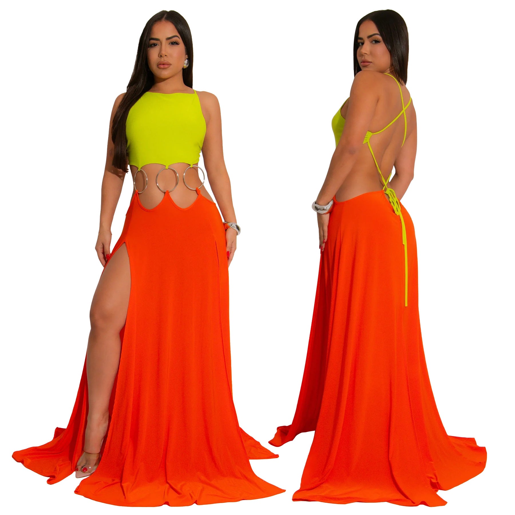 Women's Solid Color Sexy Low-Back High-Slit Contrast Dress 4