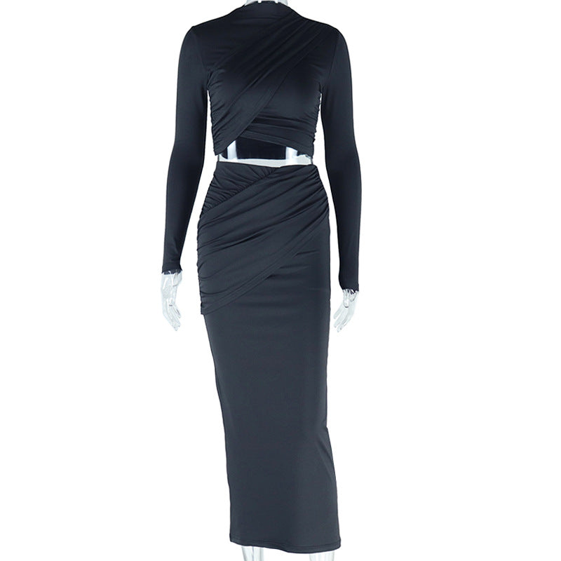 Solid Color Round Neck Irregular Long Sleeve Crop Top Slim Long Skirt Two Piece Set 4