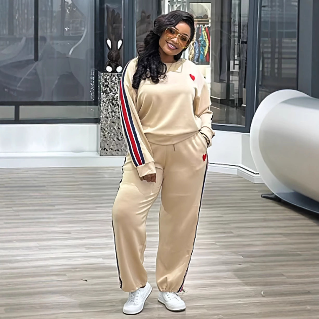 Women Patchwork Contrast Ribbon Top and Pants Two Piece Set