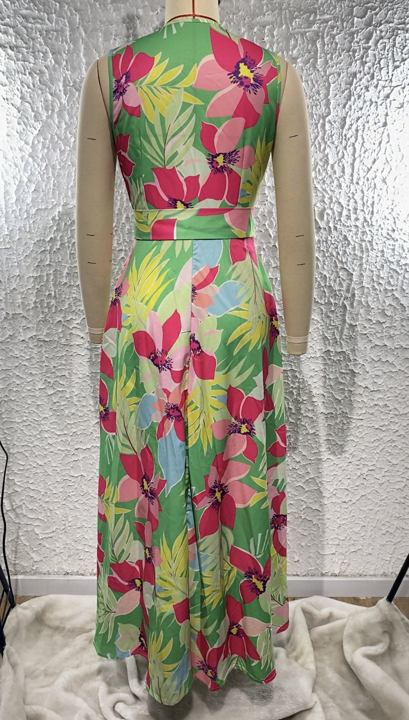 Summer Women's V-Neck Printed High Waist Belt Swing Maxi Dress 17