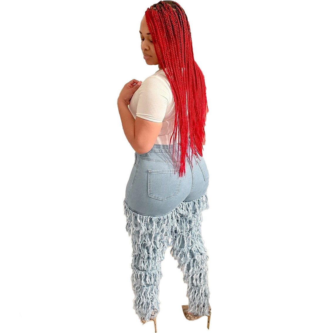 Women's Multi-Layer Frayed Washed Denim Pants 5