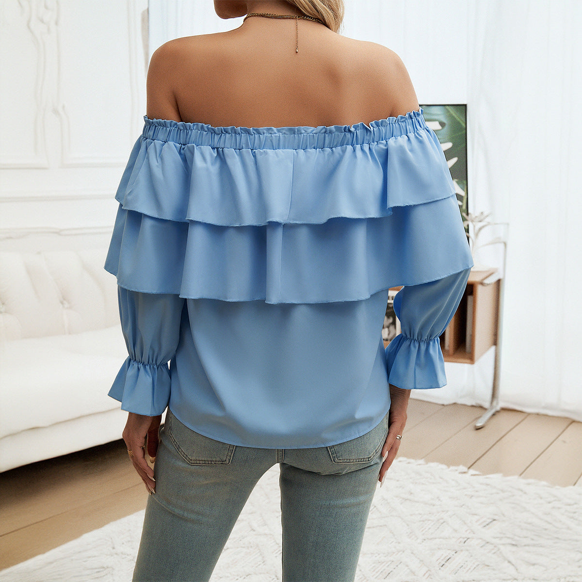 Autumn Winter Women Chic Loose Layer Off Shoulder Lantern Sleeve Top 5