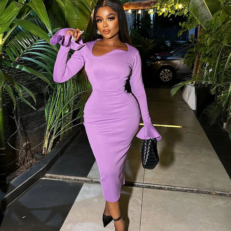 Fashionable Round Neck Solid Color Bell Bottom Sleeve Slit Slit Midi Dress 3