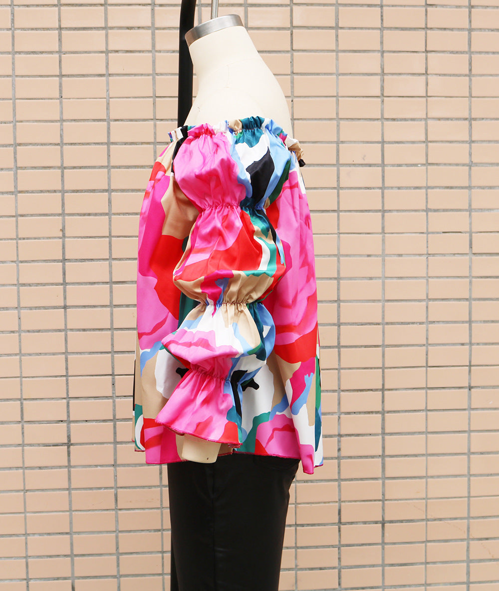 Off Shoulder Long Sleeve Printed Loose Women Casual Top 10