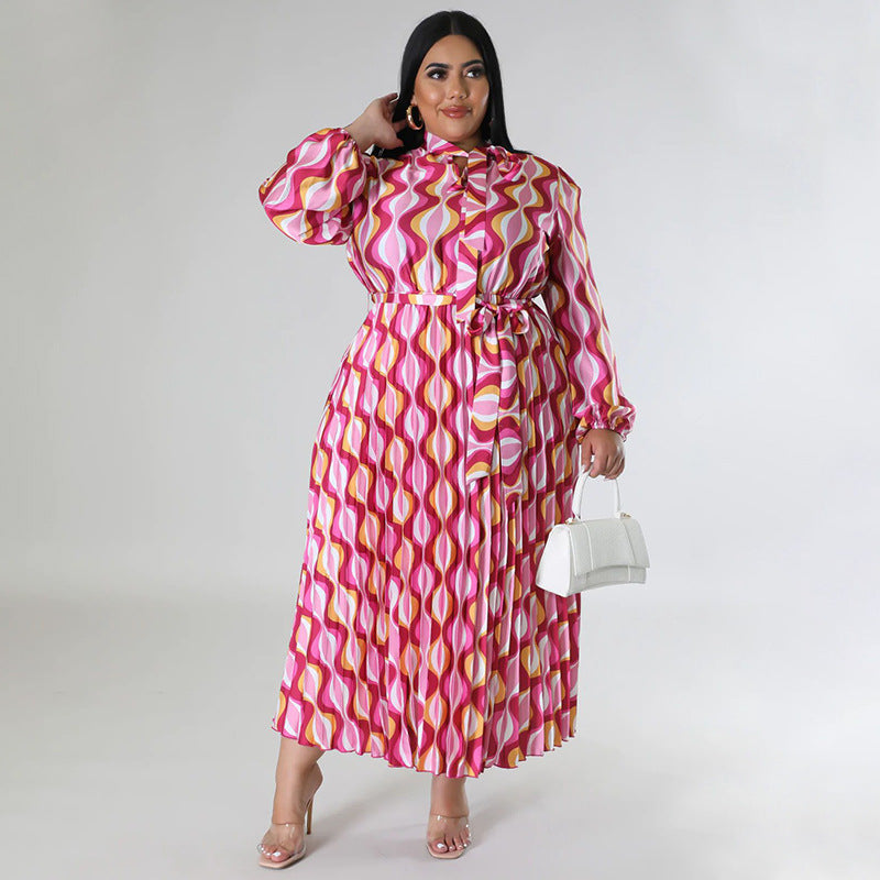 Plus Size Women Lace-Up Long Sleeve Printed Pleated Dress 34