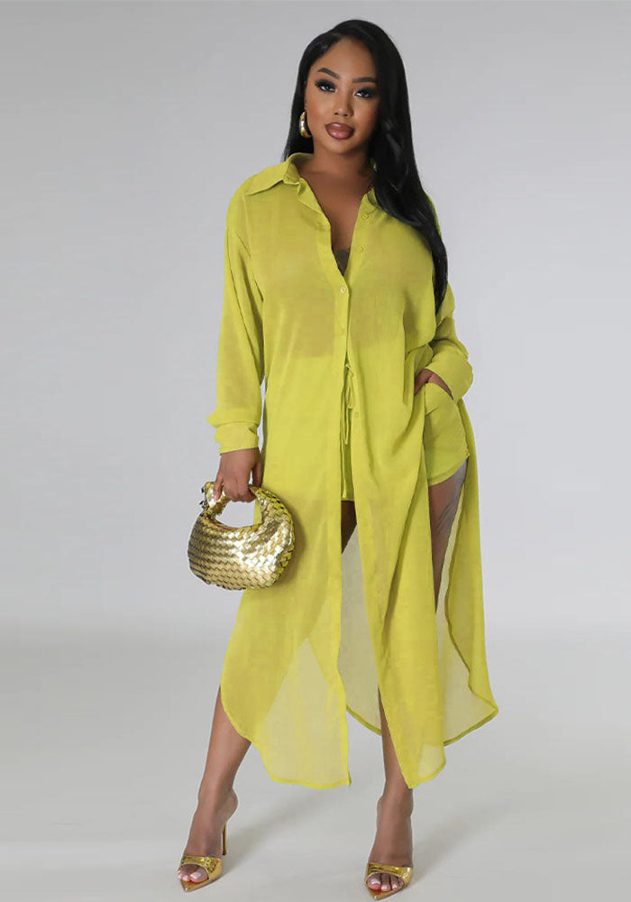 Women See-Through Solidchiffon Long Shirt and Shorts Two-Piece Set