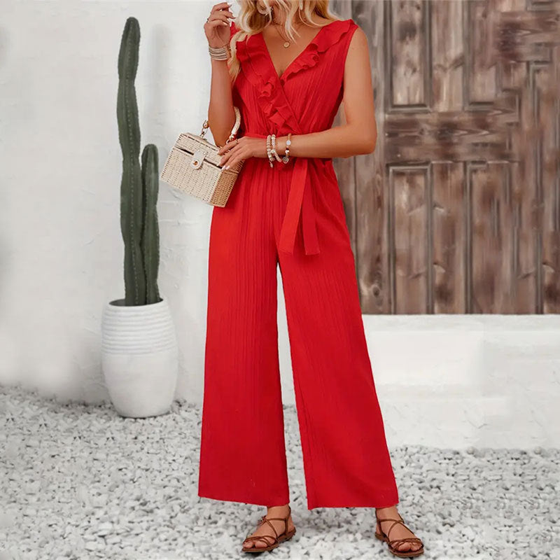 Women's Ruffled Straight Wide Leg Belt Sleeveless Casual Jumpsuit 6