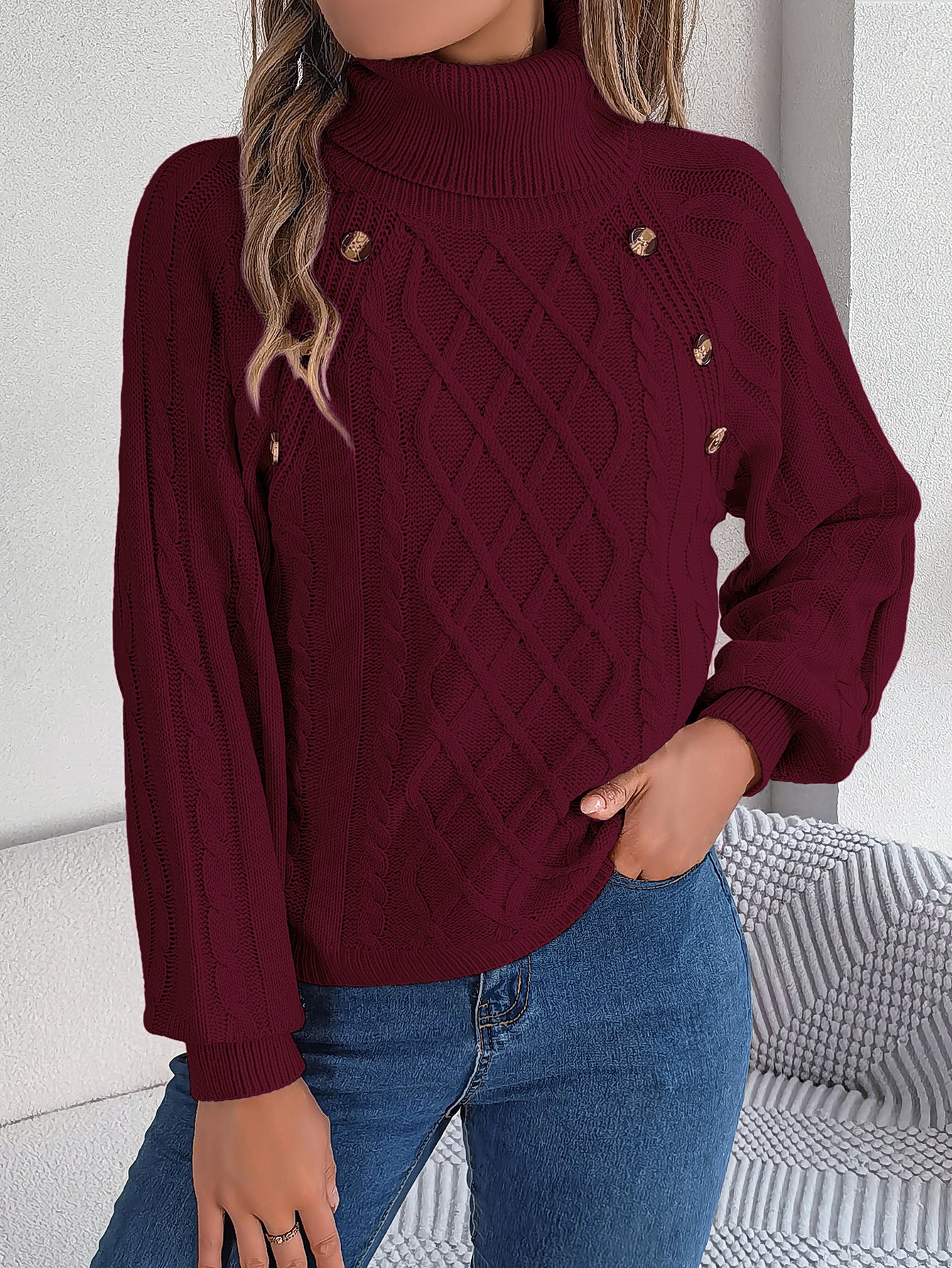 Autumn Winter Casual Solid Color Button Twisted High-Necked Long Sleeve Pullover Sweater Women's Clothing 5