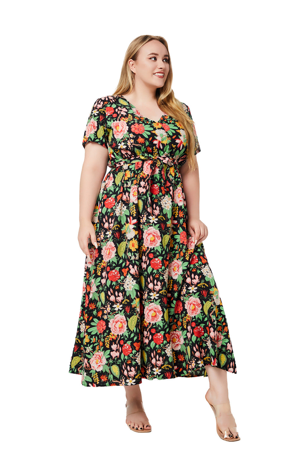 Plus Size Women Summer V Neck Short Sleeve Printed Bohemian Dress 5