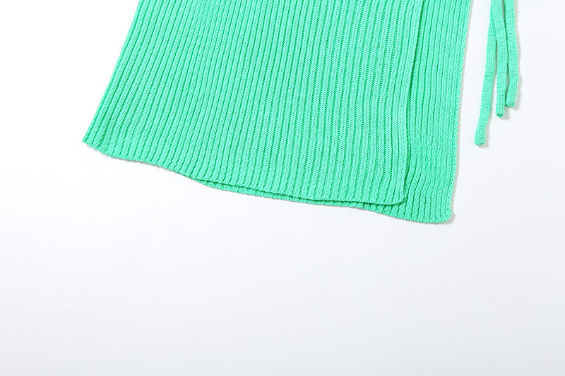 Women's Summer Sexy Solid Color V-Neck Hollow-out Knitting Fringe Side Slit Dress 14