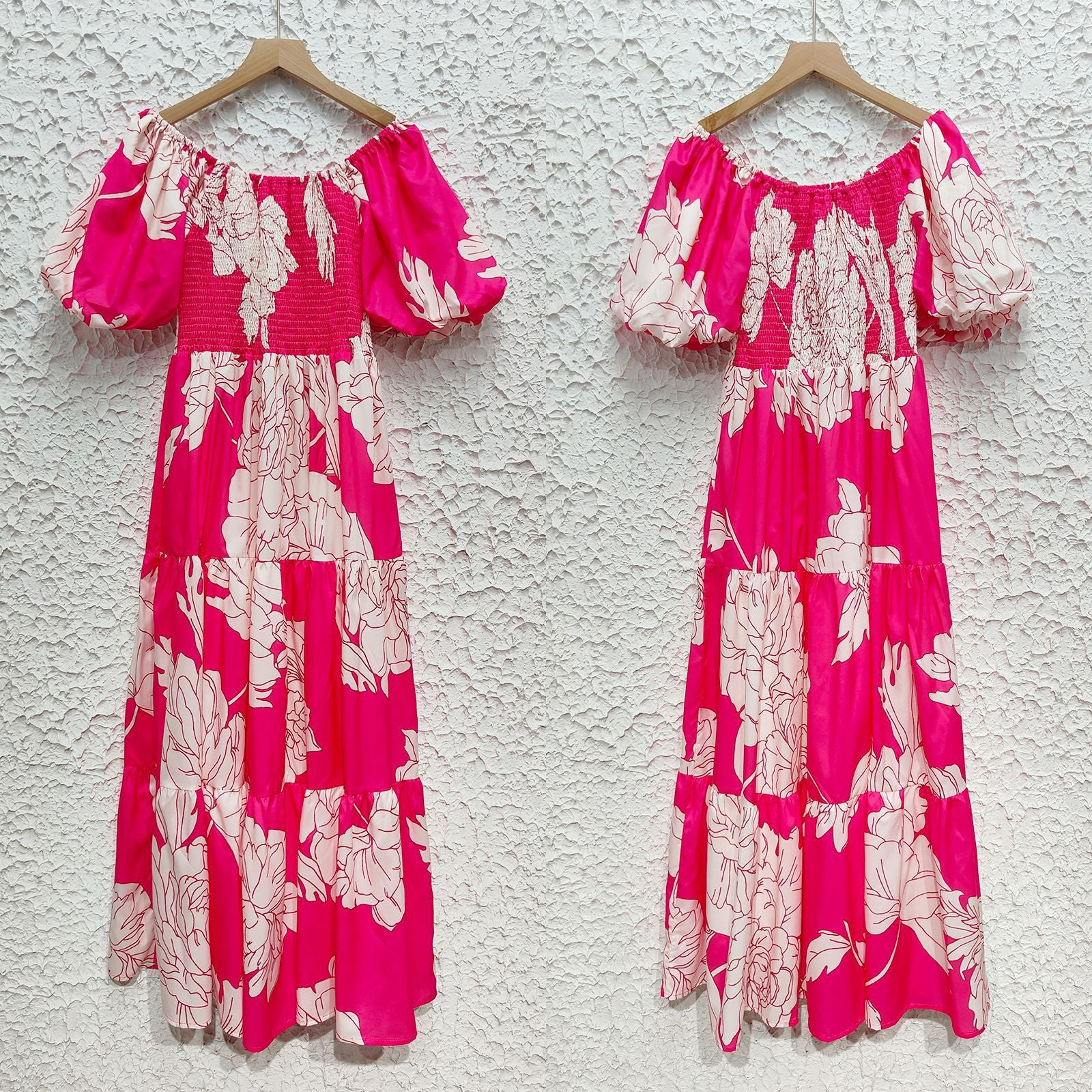 Women Elegant Print Off Shoulder Puff Sleeve Dress 8
