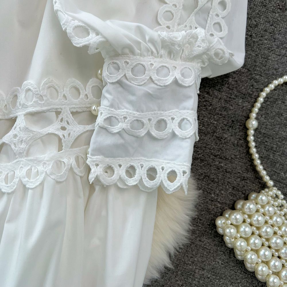 Spring Autumn Retro Chic Lantern Long Sleeve Lace Hollow Patchwork Round Neck Slim Waist Casual Dress 19