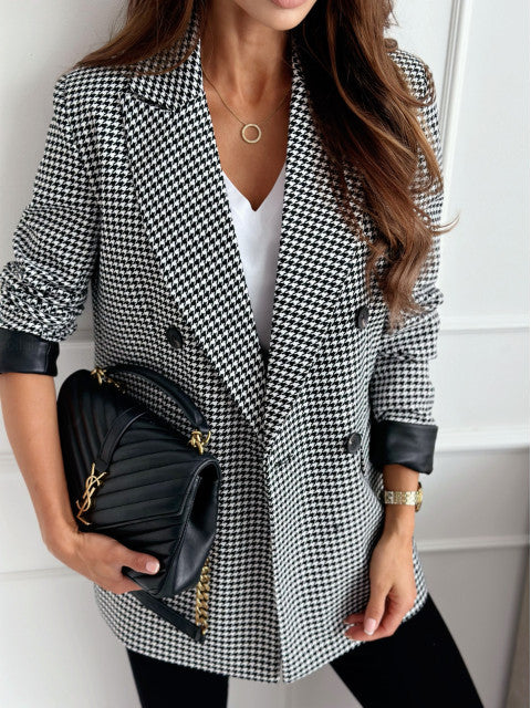 Women Autumn Turndown Collar Long Sleeve Career Plaid Blazer 5
