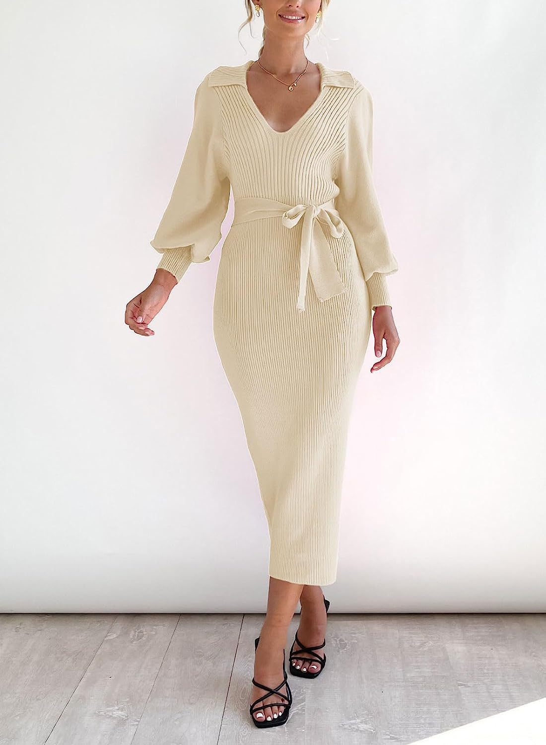 Women's Sweater Dress Elegant Long Sleeve V Neck Sexy Knitting Tight Fitting Dress 17