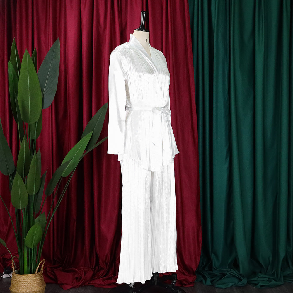 Women's Solid Color Pleated Loose Long Sleeve Lace-Up Shirt-Pants Two-Piece Set 22