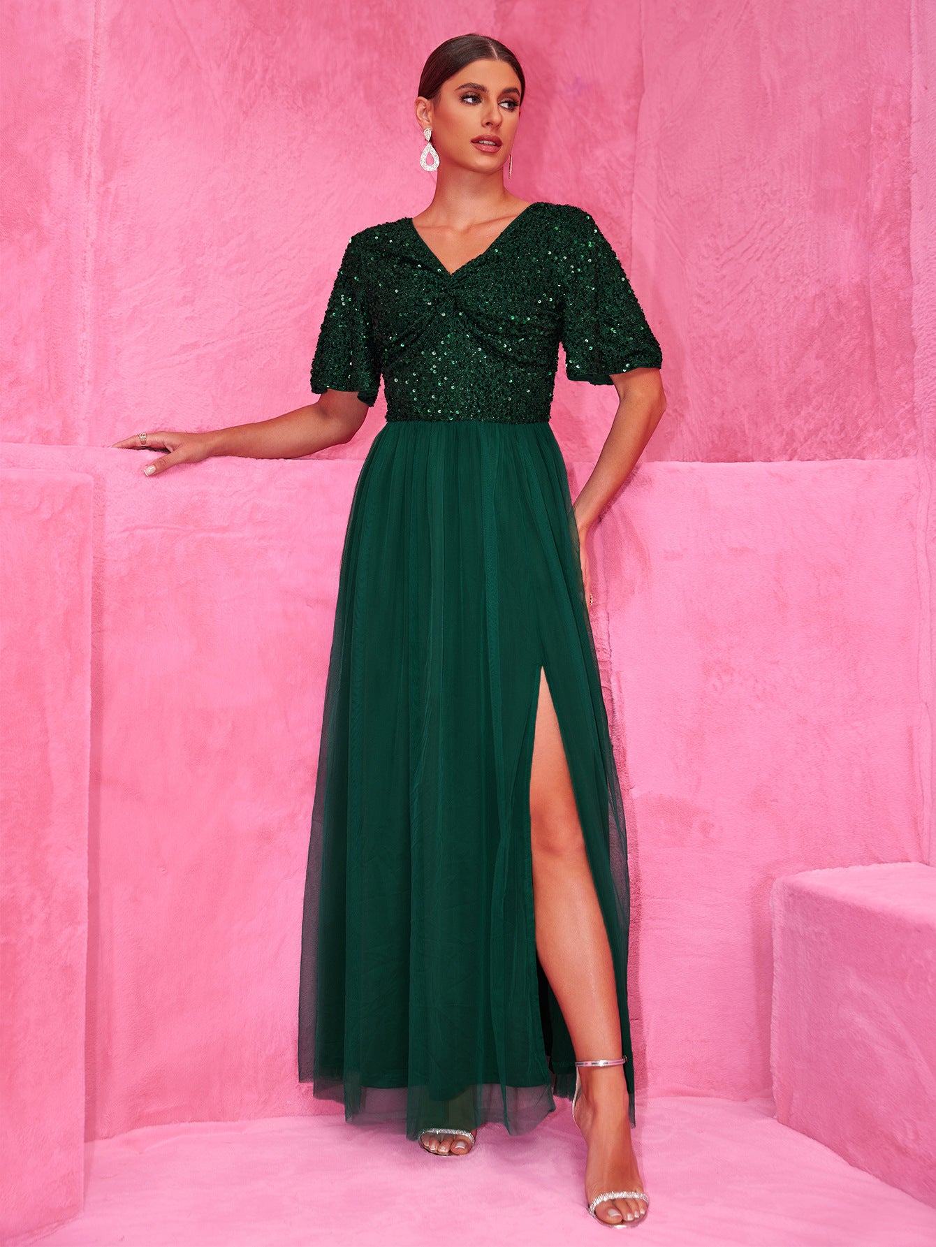 Women Elegant Sequin Short Sleeve Patchwork V-Neck Dress 4