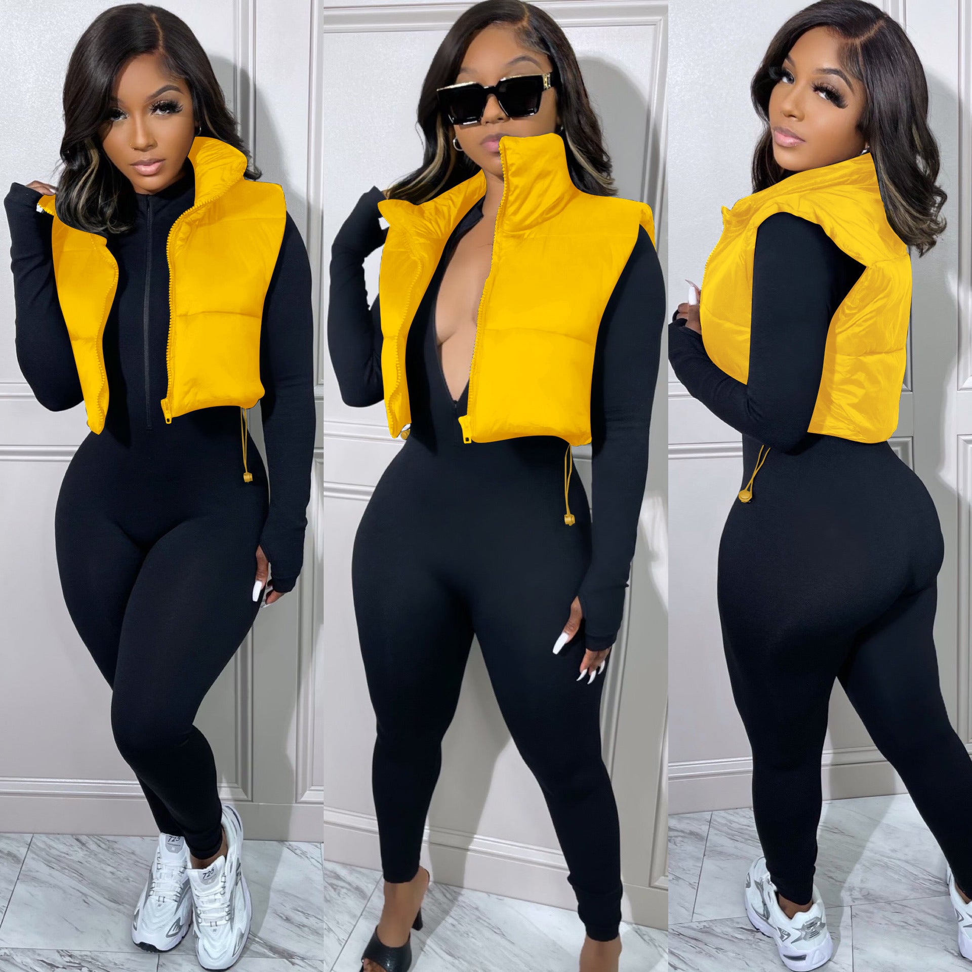 Women Solid Turn Down Collar Padded Vest 13