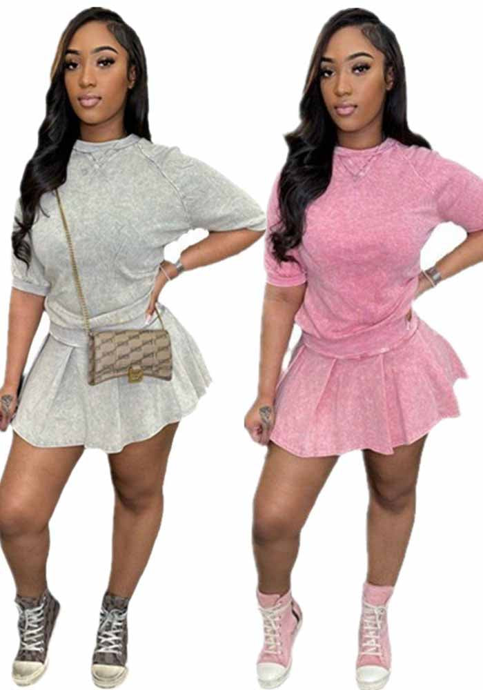 Women's Printed Loose Casual T-Shirt Pleated Skirt Two-Piece Set 4