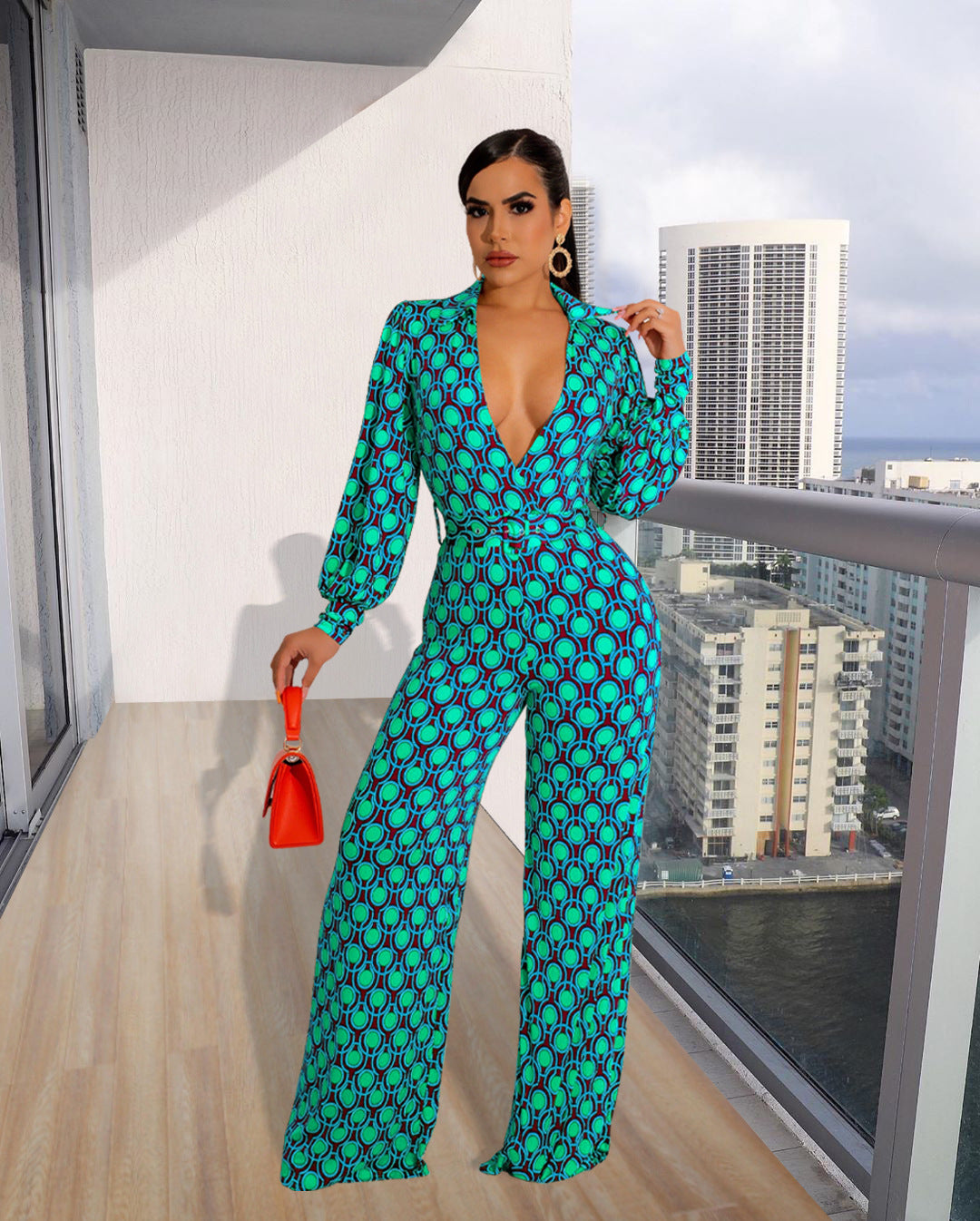 Women'S Winter Casual Fashion Print Deep V Neck Jumpsuit 7