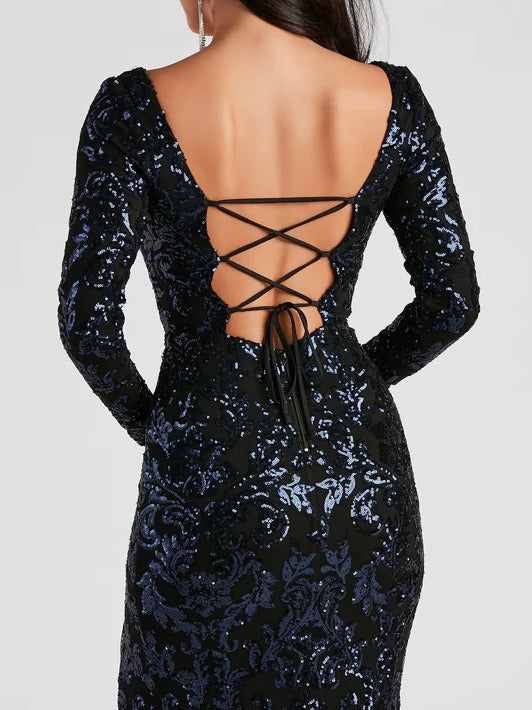 Women 's Sexy Backless Lace-Up Long Sleeve Sequin Party Dress 3