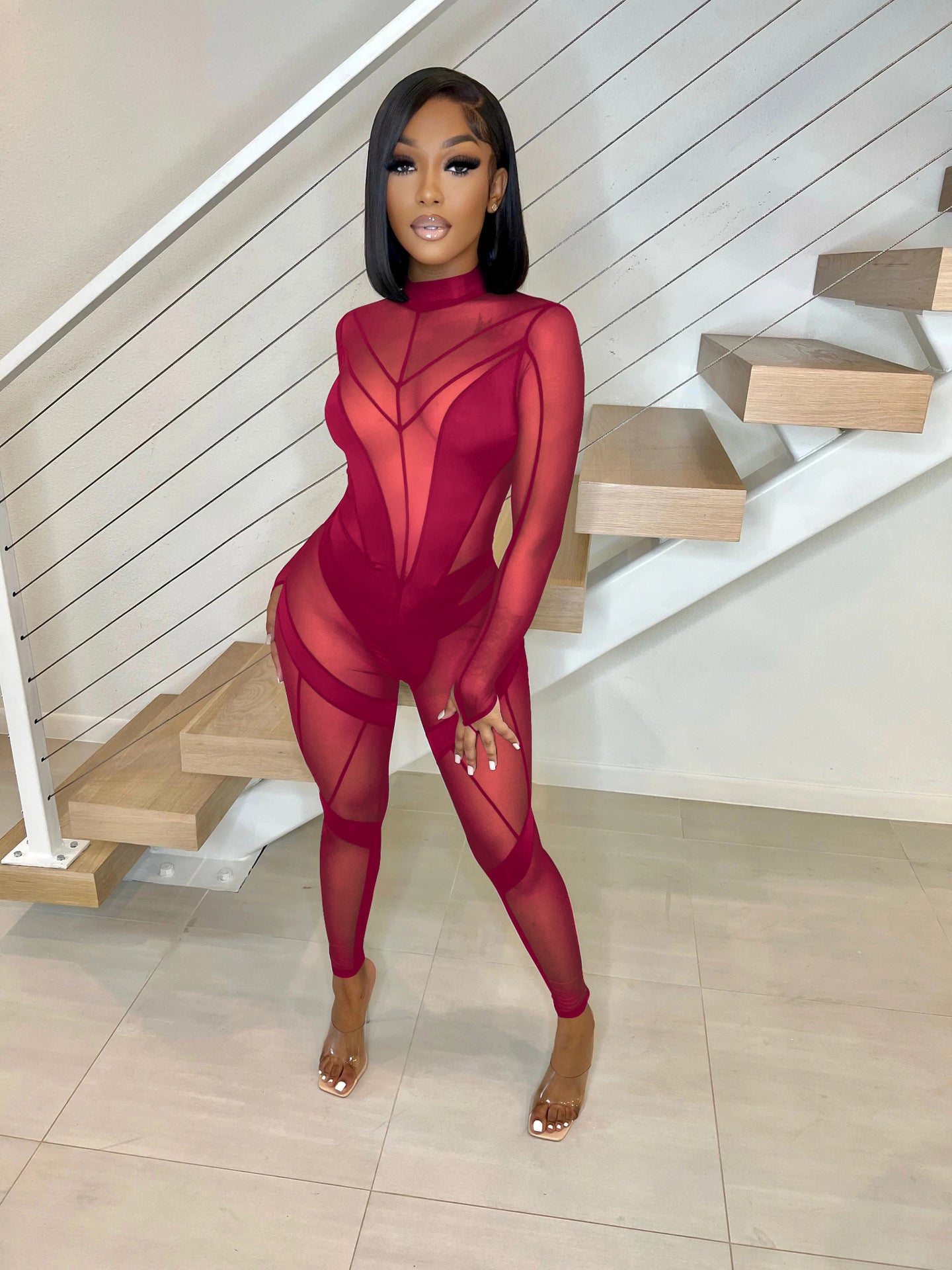 Women'S Mid Neck Sexy Long Sleeve See-Through Mesh Patchwork Jumpsuit 3