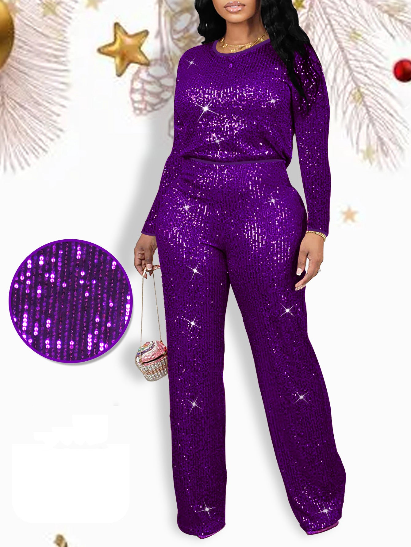 Autumn Women's Fashion Elegant Short Sleeve Round Neck Sequin Party Wear Casual Two Piece Pants Set 7