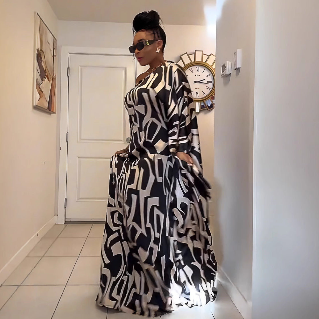 Women Print Lace-Up Slash Shoulder Dress