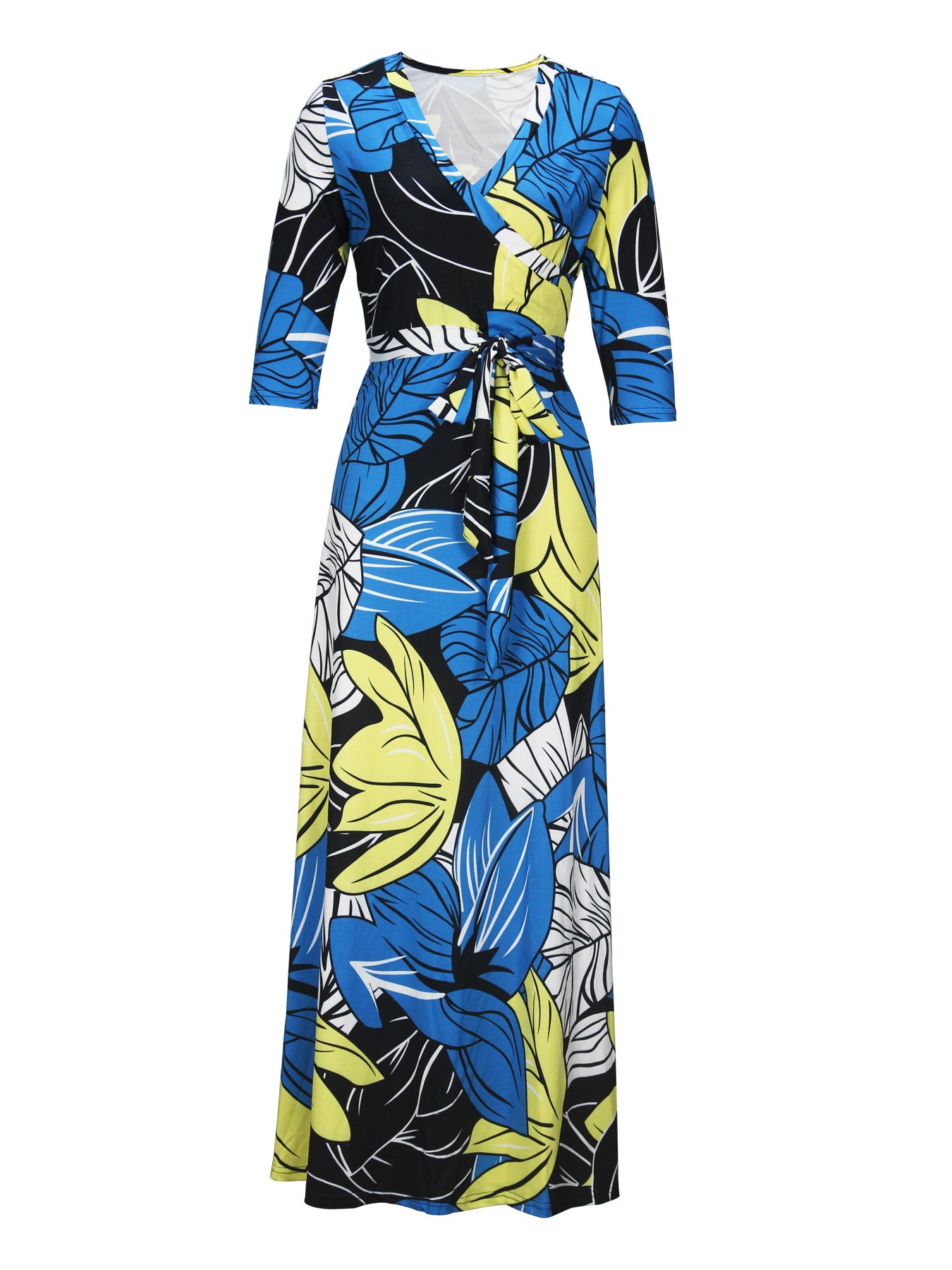 Spring & Autumn Women's Fashion Elegant Wrap V-Neck Half-Sleeve Print Belt Maxi Dress 61