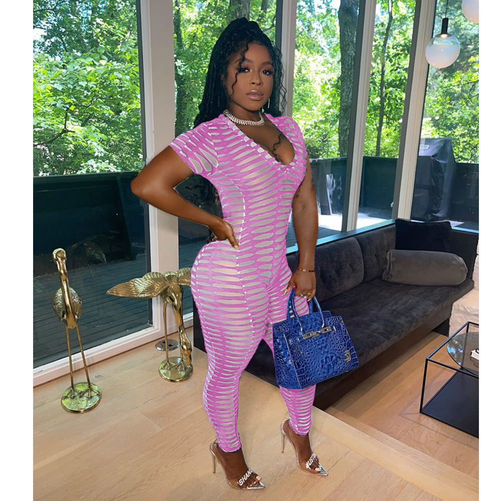 Women's Sexy Tight Fitting Mesh Print V-Neck Casual Jumpsuit 3