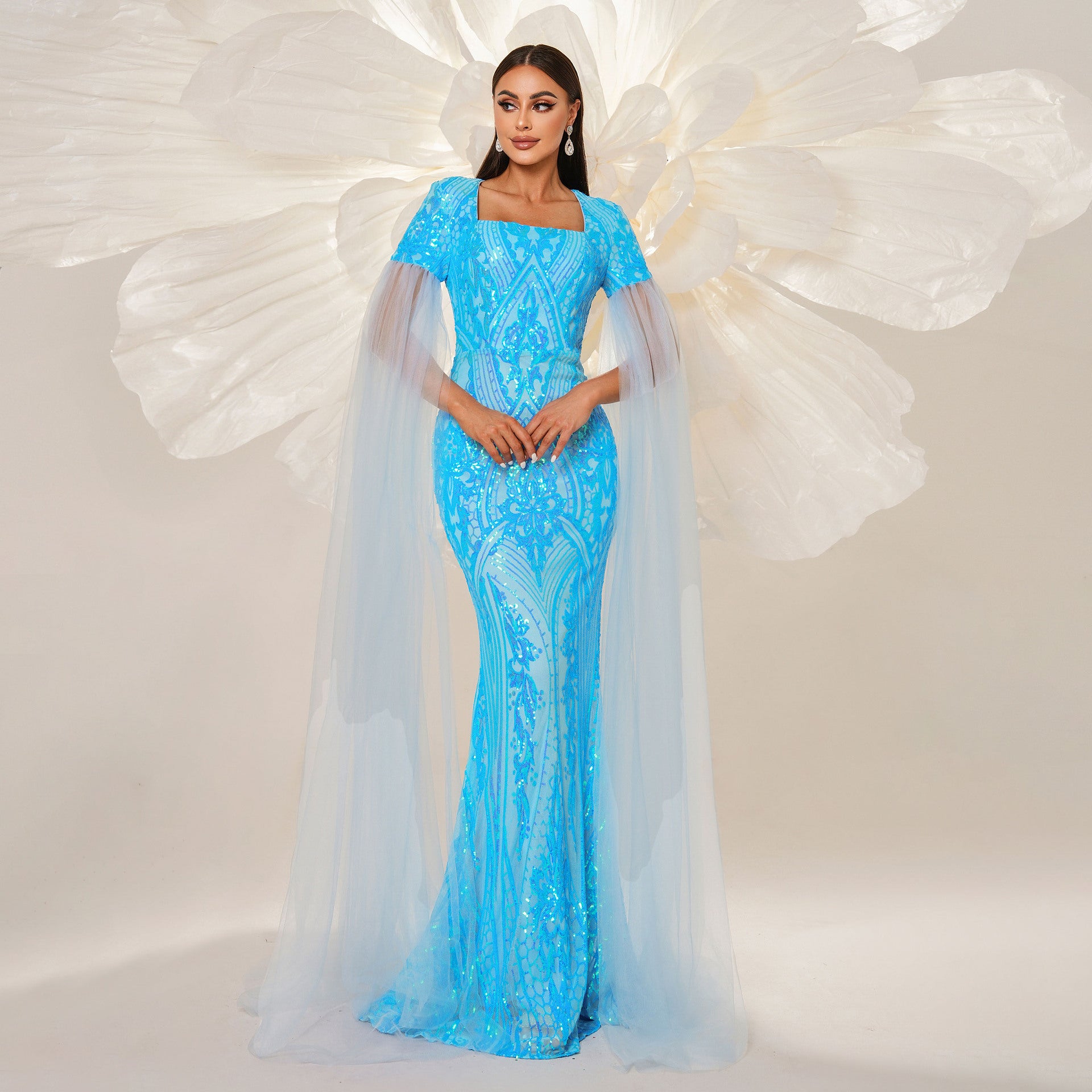 Women long sleeve square neck Formal Party Bodycon sequined fishtail evening dress 7